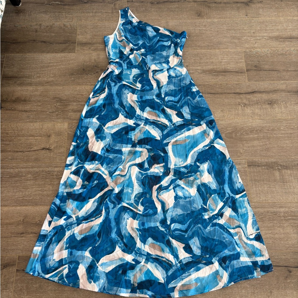 Nicole miller Blue and White One-Shoulder Dress